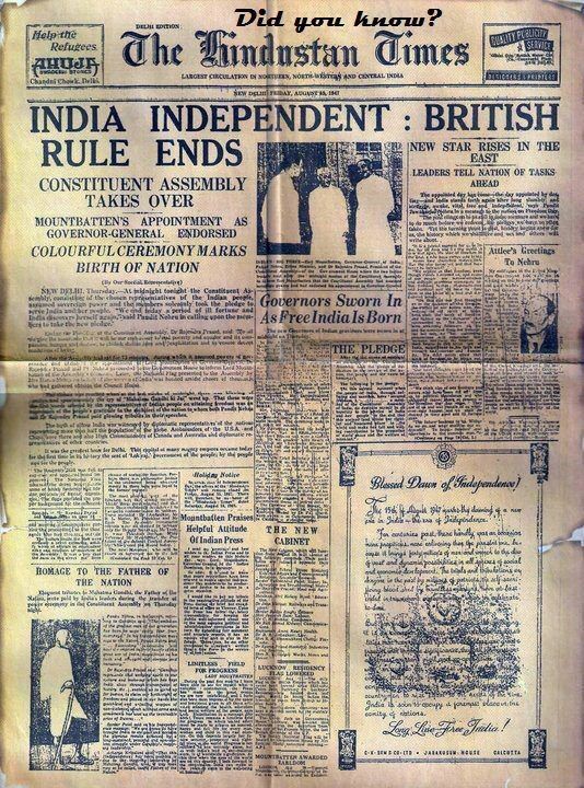 rare photograph of hindustan times newspaper when india got its independence from britishers..!!